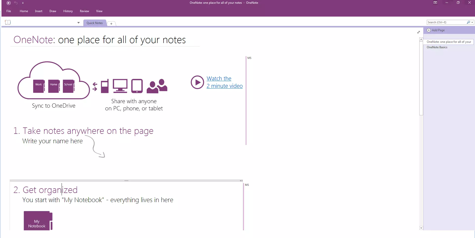 Capture d’écran de OneNote