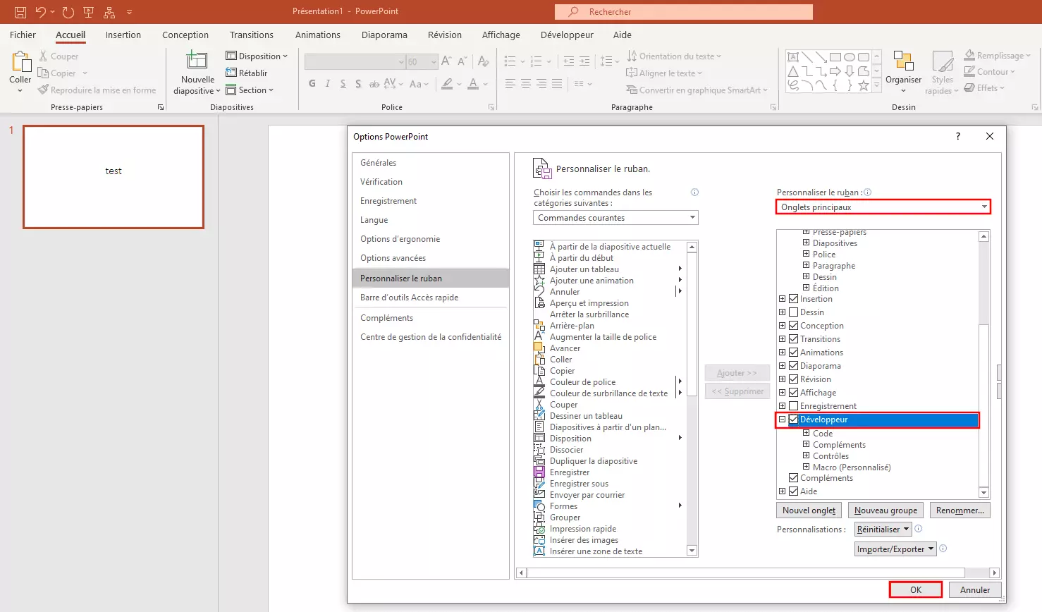 fenêtre avec les options PowerPoint dans PowerPoint 