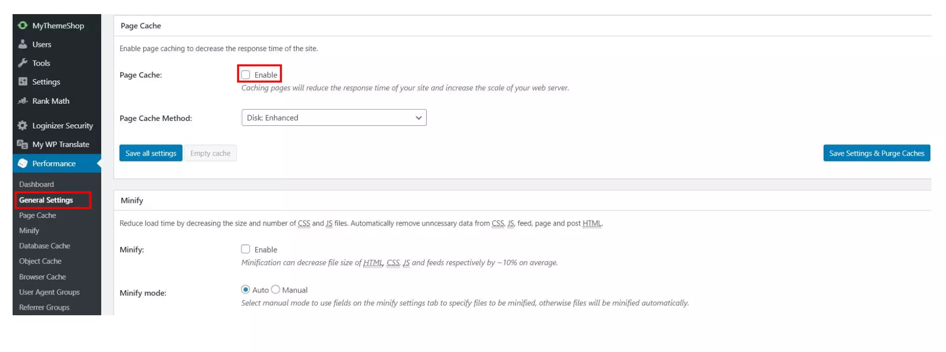 W3 Total Cache : menu permettant de désactiver la mise en cache