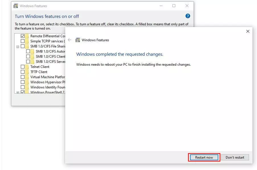 Windows 10 : boîte de dialogue de redémarrage