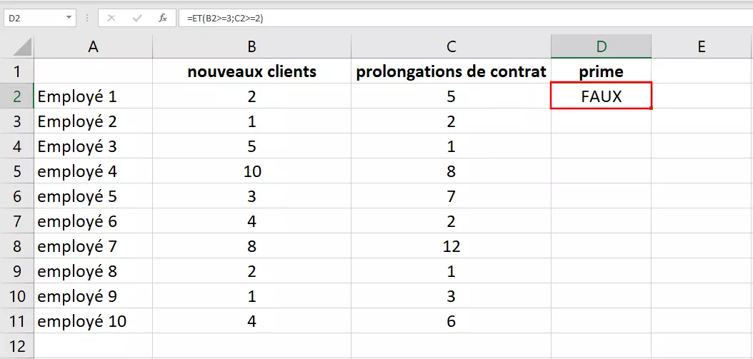 Résultat de l’exemple d’application de la fonction ET d’Excel