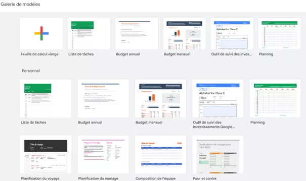 Capture d’écran des modèles de Google Sheets