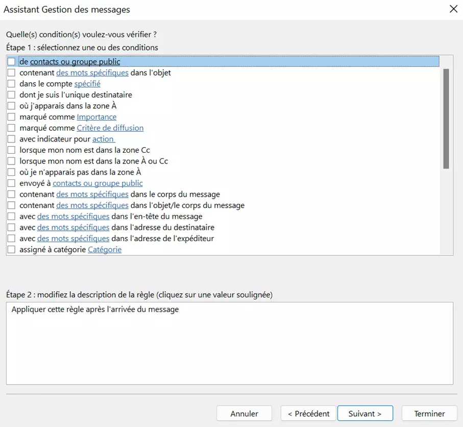 Outlook 365 : l’assistant Gestion des messages pour définir les règles et conditions