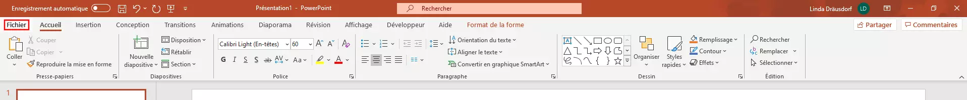 PowerPoint : onglet « Fichier » de la barre de menu