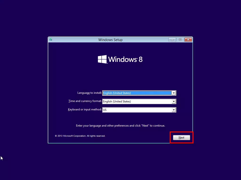 Écran de démarrage du DVD de Windows 8