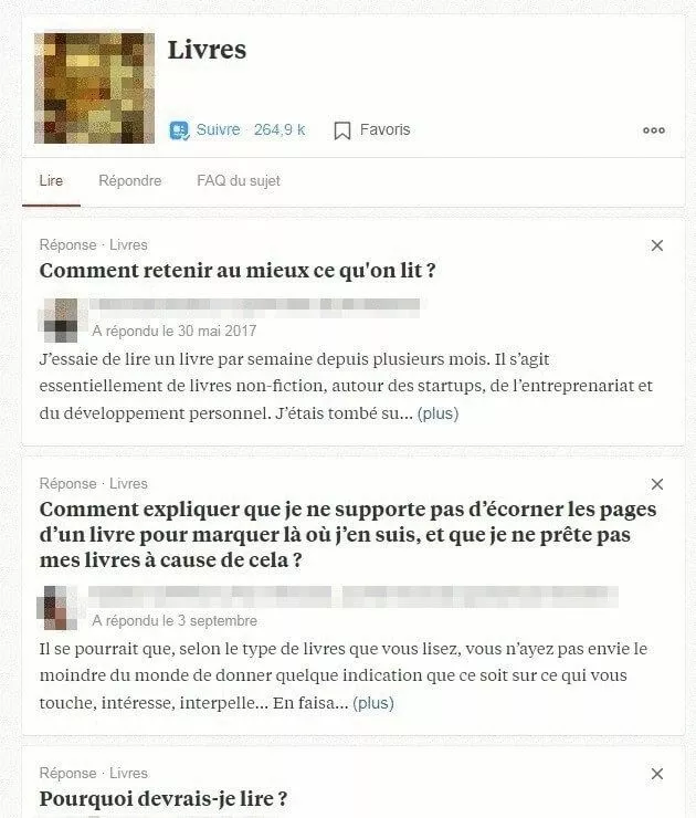 La page thème correspondant à « Livres » sur Quora