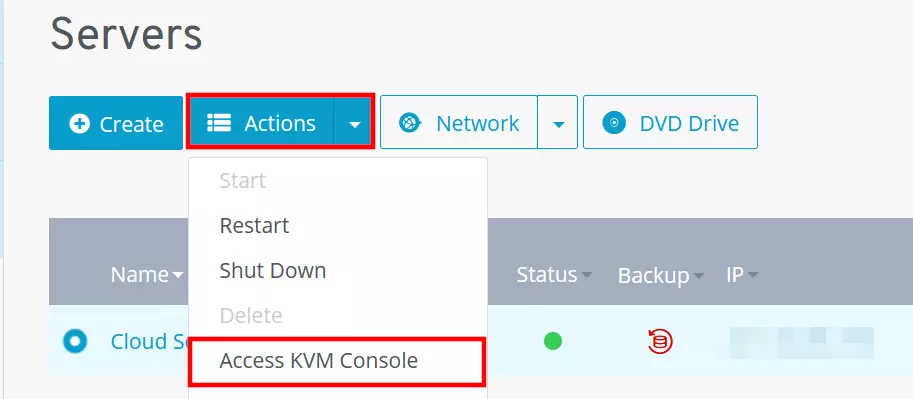 Démarrer la console KVM dans le compte client IONOS