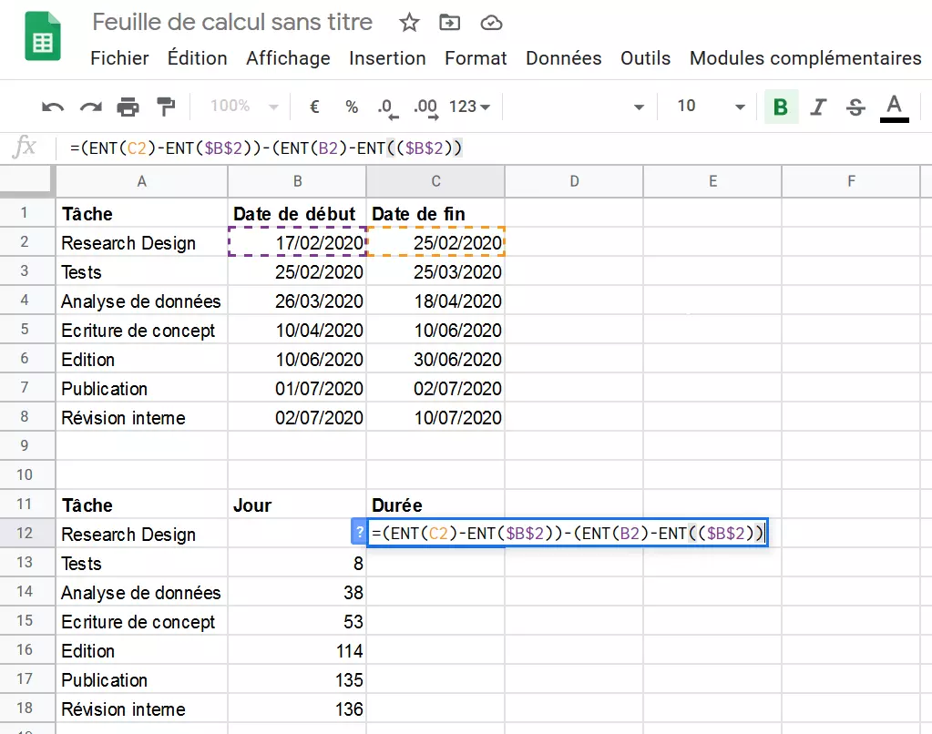 Tableur Google : formule pour la durée de la tâche