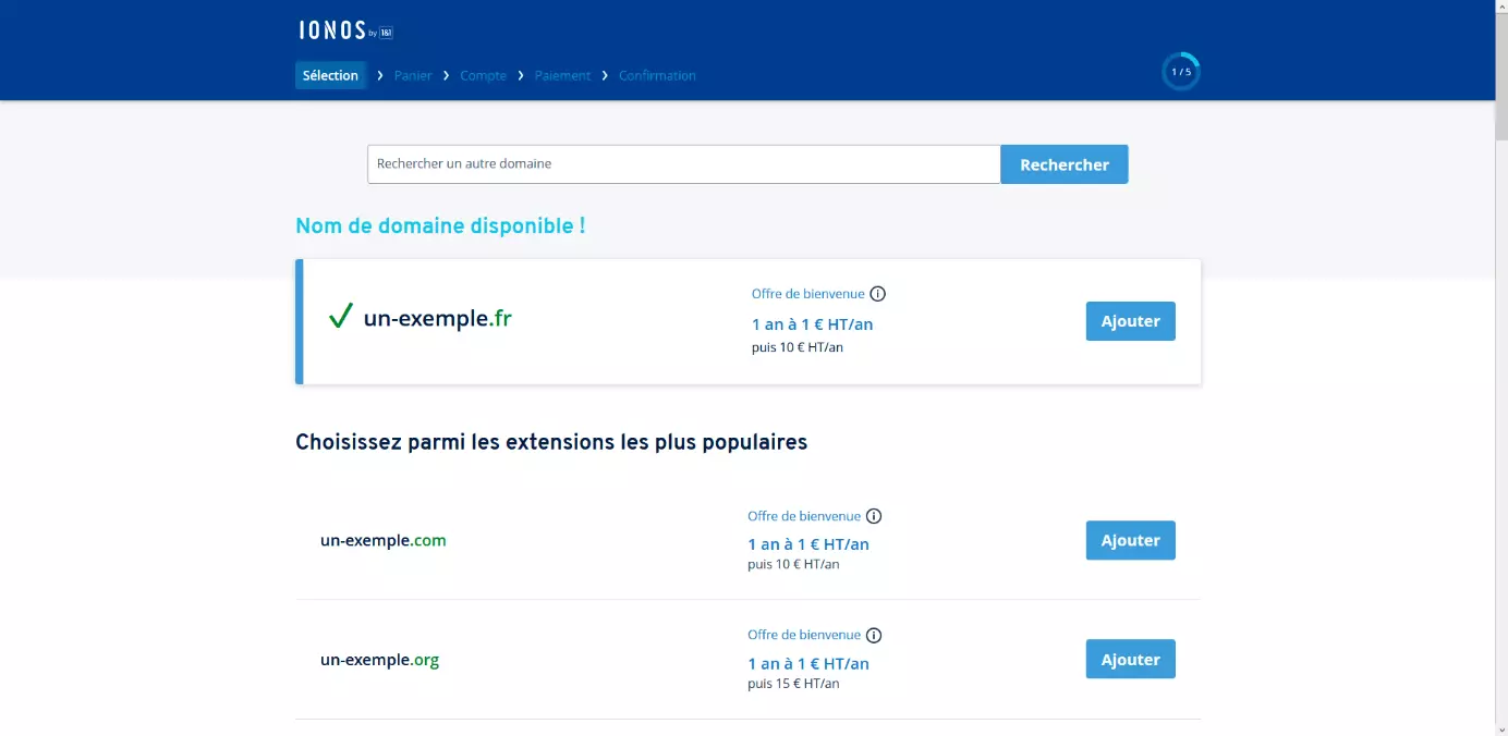 IONOS Domain Check : suggestions alternatives car le domaine est déjà attribué 