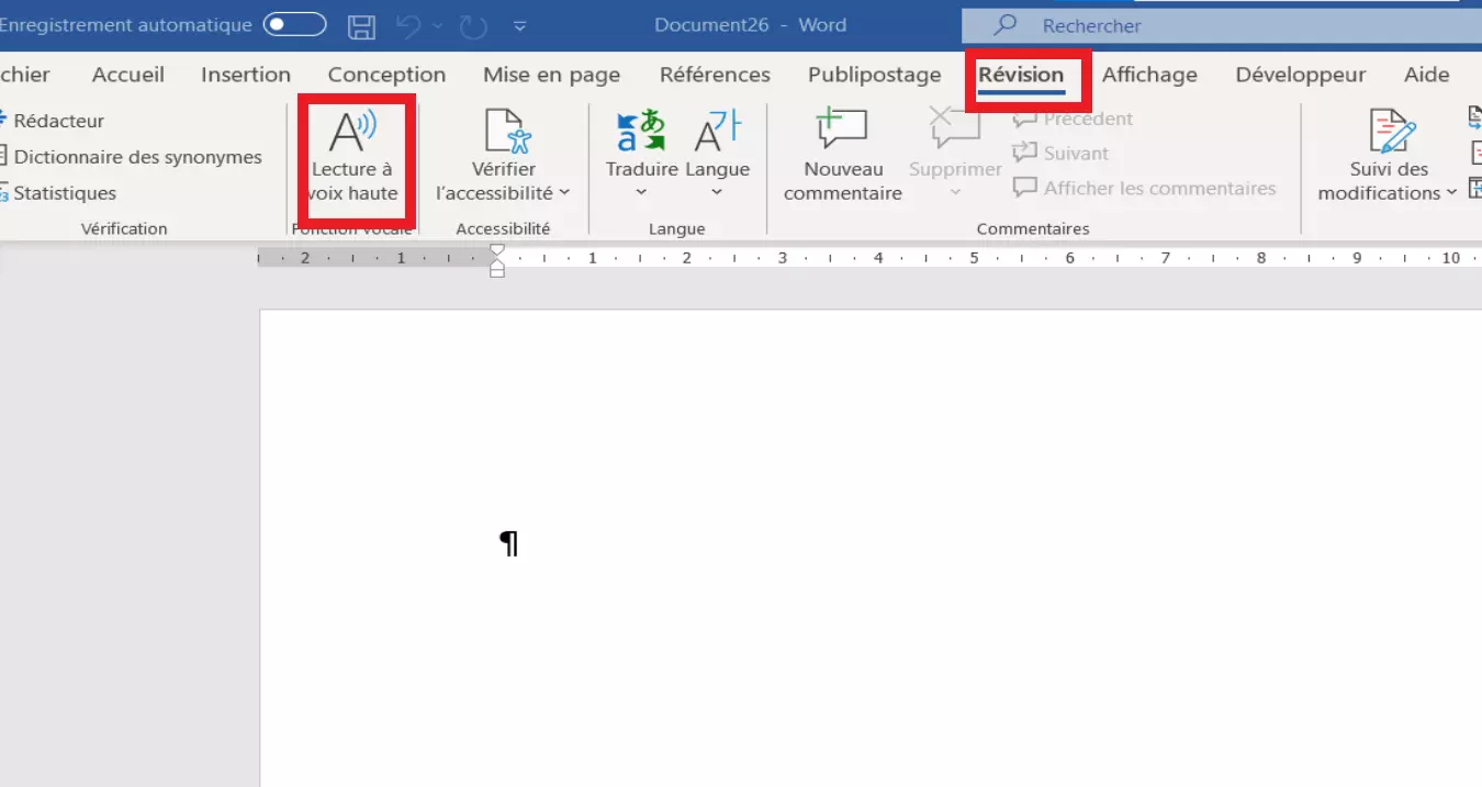 Menu Word « Révision » avec la fonction « Lire à voix haute »