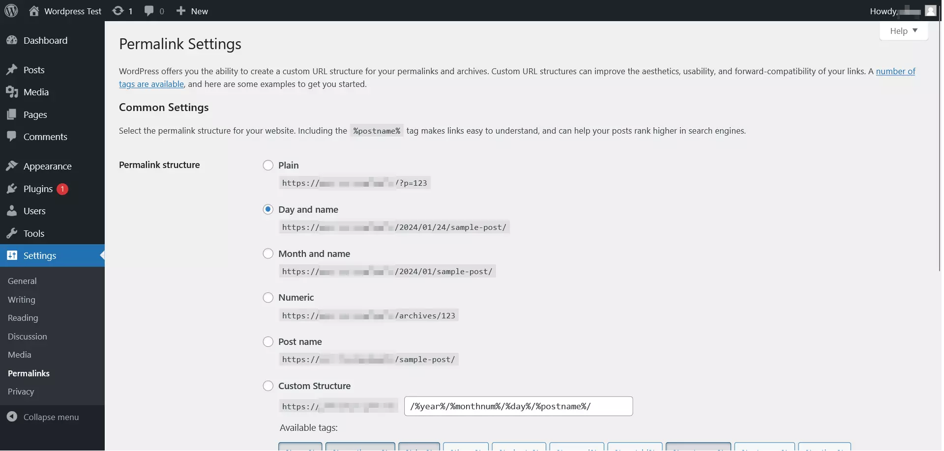 Options de configuration des permaliens dans le tableau de bord de WordPress