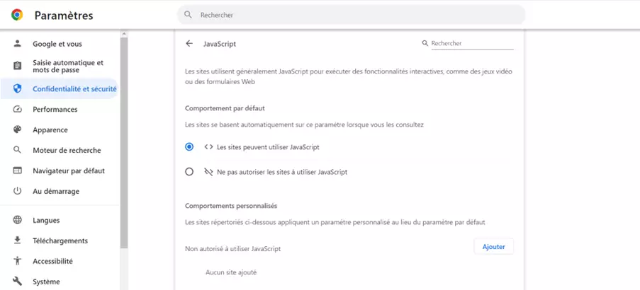 Capture d’écran des paramètres de Chrome