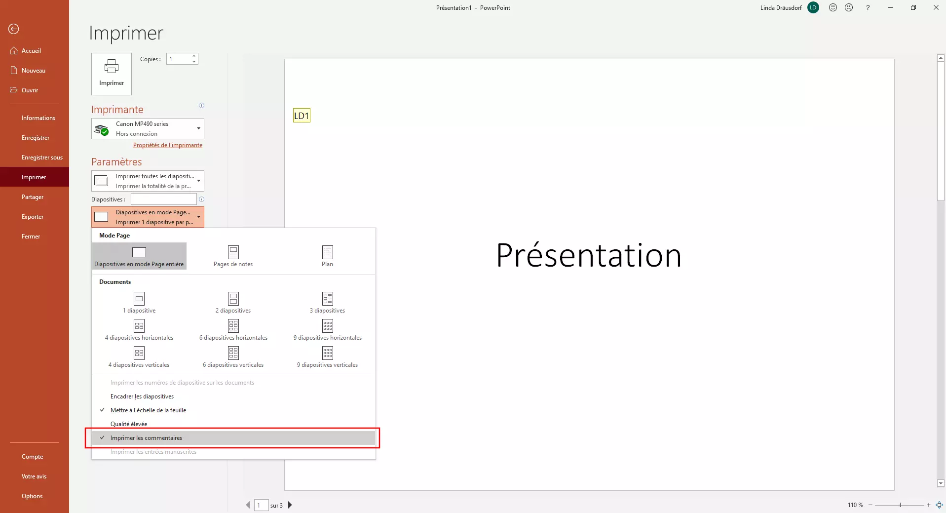 Options d’impression : imprimer les commentaires PowerPoint