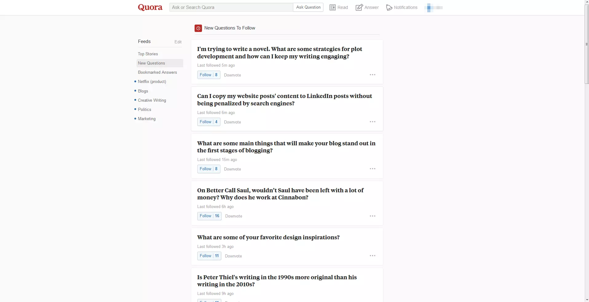 Page d’accueil des questions de Quora