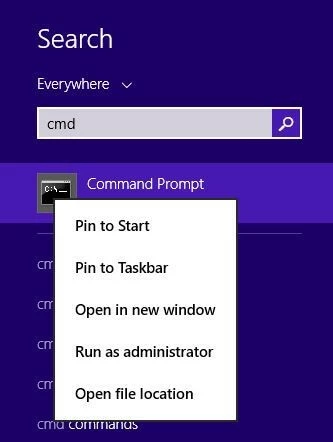 Fonction de recherche Windows : résultat pour le terme « cmd »