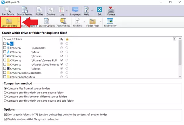 Dans « Dossiers source », déterminez le répertoire dans lequel AllDup doit rechercher des fichiers en double