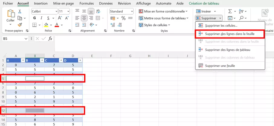 Excel : supprimer toutes les lignes vides sélectionnées