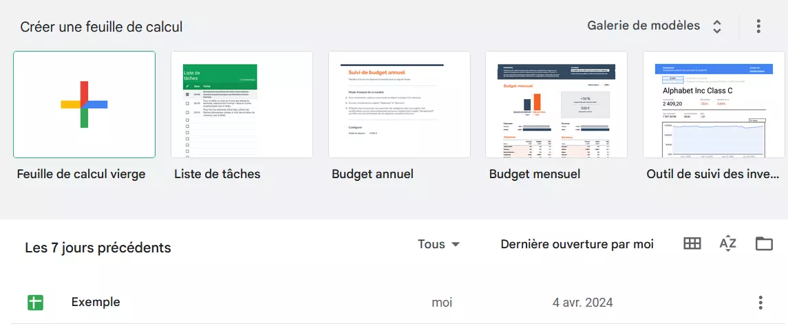 Capture d’écran de modèles de tableaux pour Google Sheets