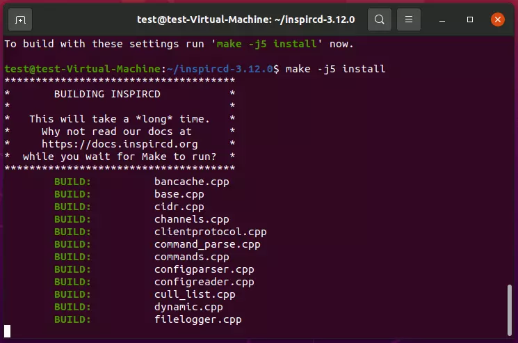 Processus de construction inspIRC dans le terminal Ubuntu