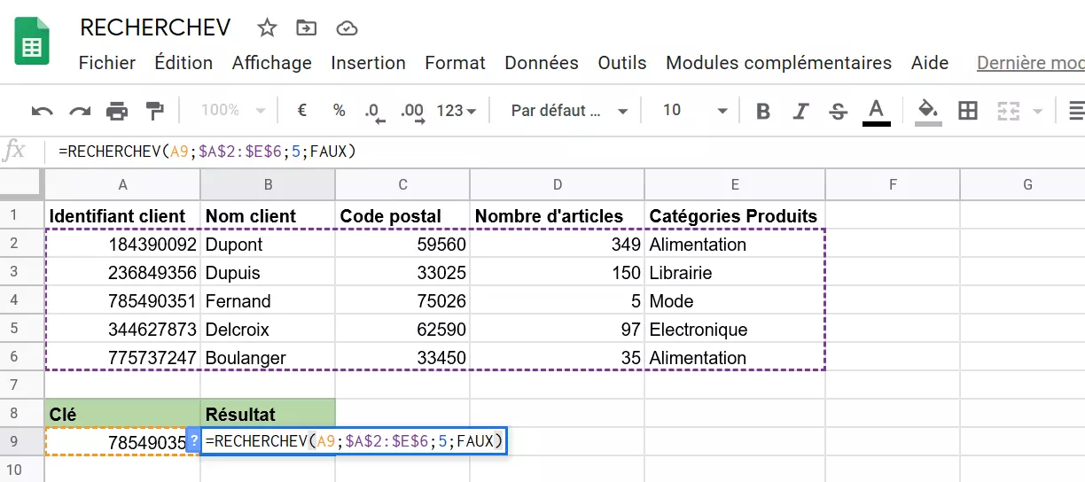 VLOOKUP dans Google Docs