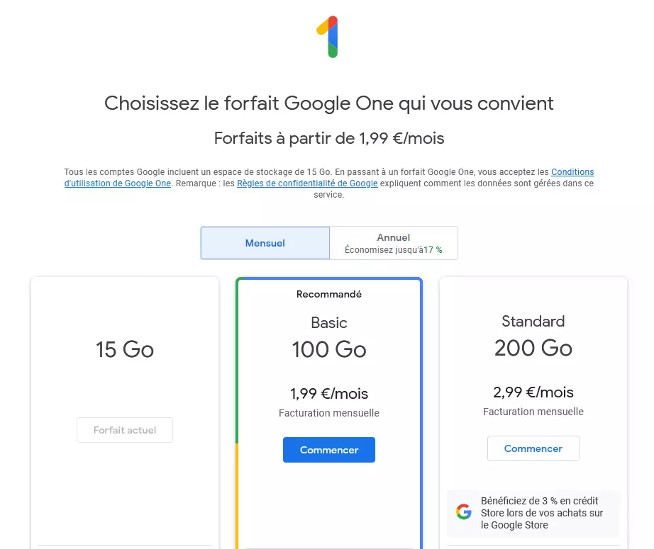 Les différents forfaits d’abonnement de Google One