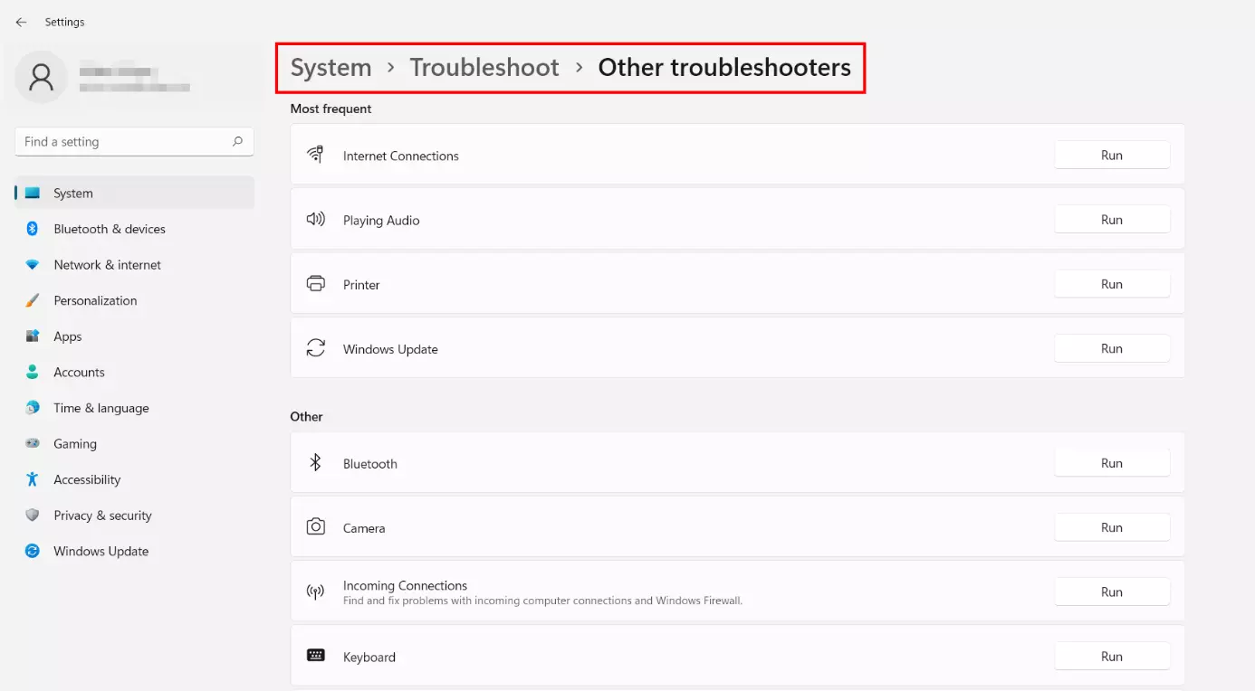 Windows 11 : menu « Autres utilitaires de résolution des problèmes »