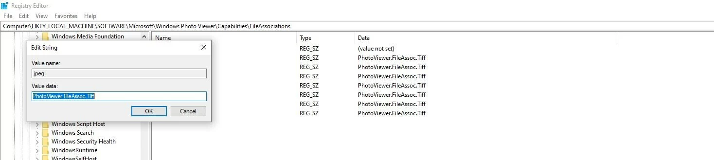 Menu pour éditer la chaîne dans le registre Windows