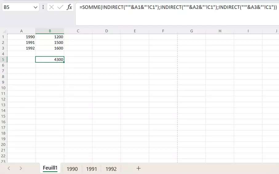 Exemple : fonction SOMME avec les valeurs de plusieurs feuilles de calcul