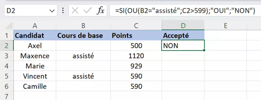 SI OU Excel : résultat pour la formule insérée