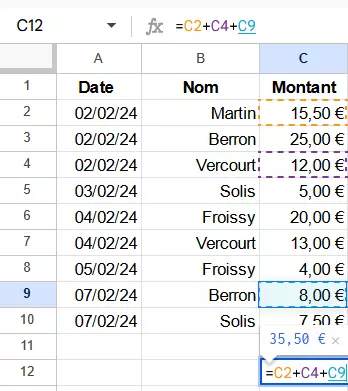 Capture d’écran de la formule pour l’addition dans Google Sheets