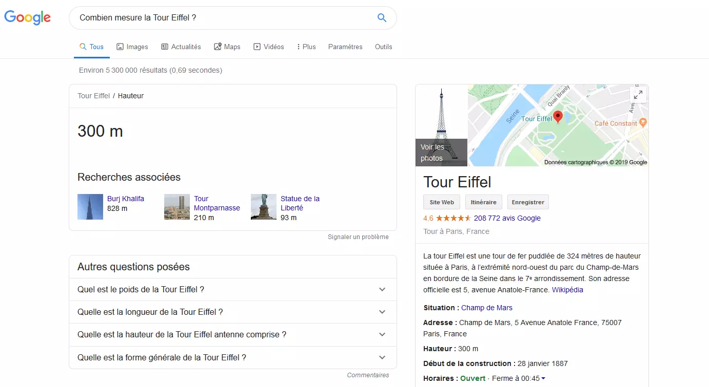 Encadré de réponse du Knowledge Graph sur la question « Quelle est la hauteur de la Tour Eiffel ? »