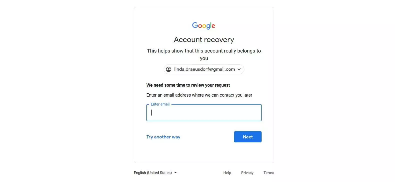 Menu Google de saisie d'une adresse e-mail actuellement utilisée