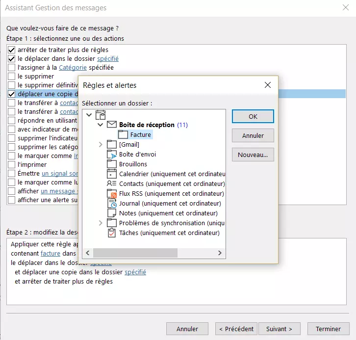 Assistant de règles Outlook : sélection du dossier cible