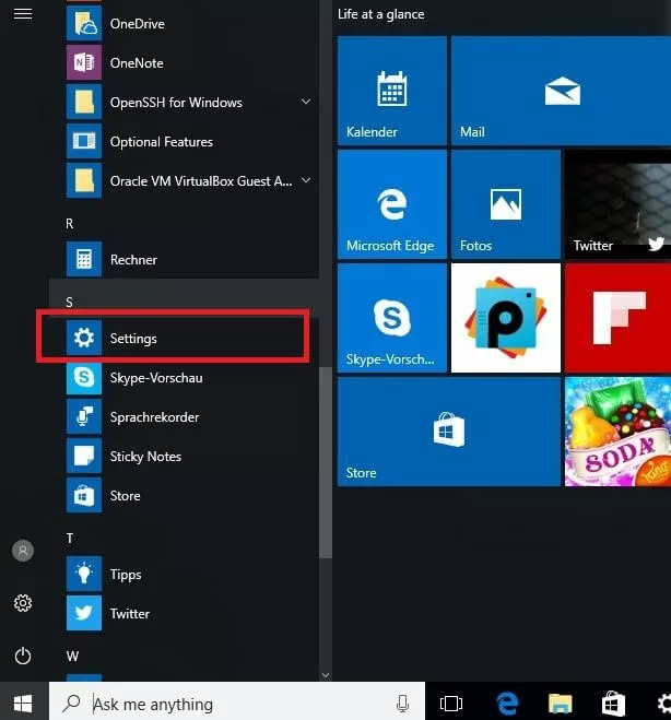 Menu de démarrage de Windows 10