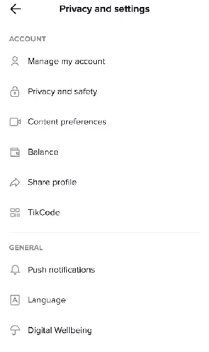 Menu TikTok : « Privacy and settings »