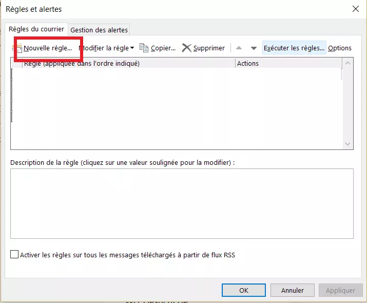 Outlook : boite de dialogue « règles et alertes »