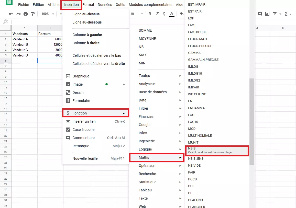 Insérer NB.SI dans Google Sheets via le menu 