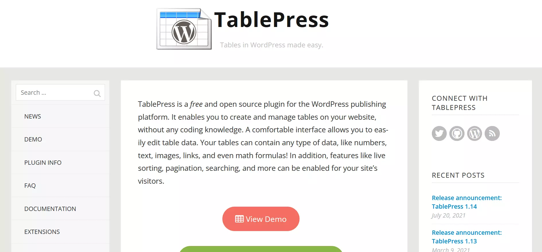 Page d’accueil du plugin WordPress TablePress