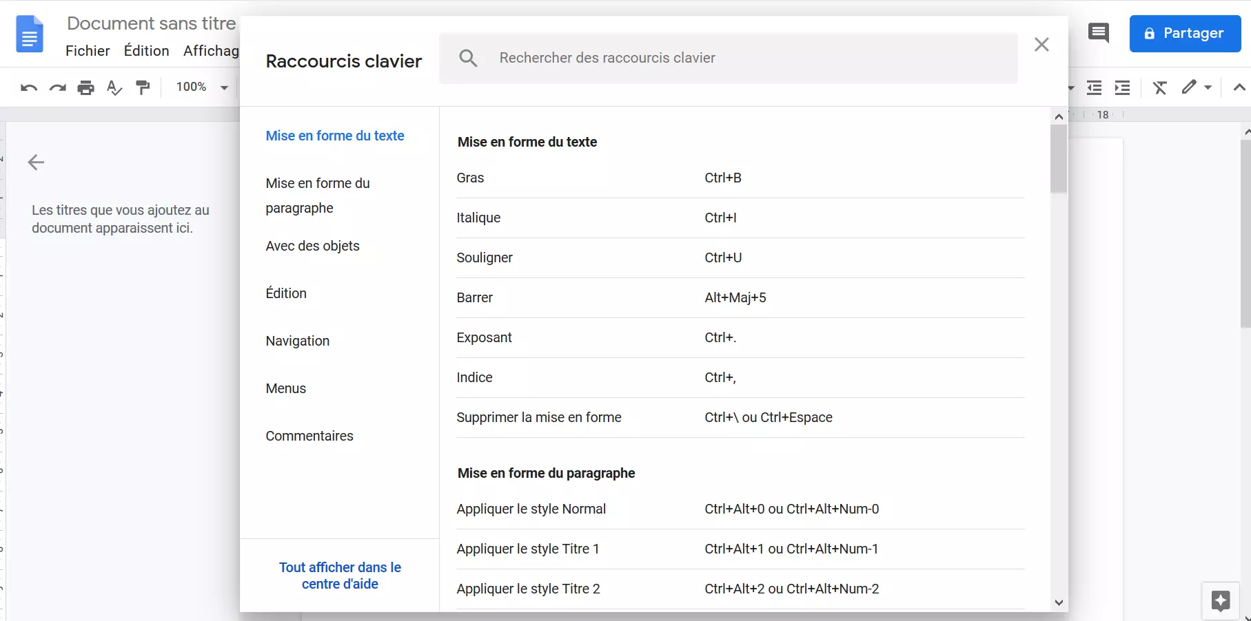 Raccourcis clavier Google Docs