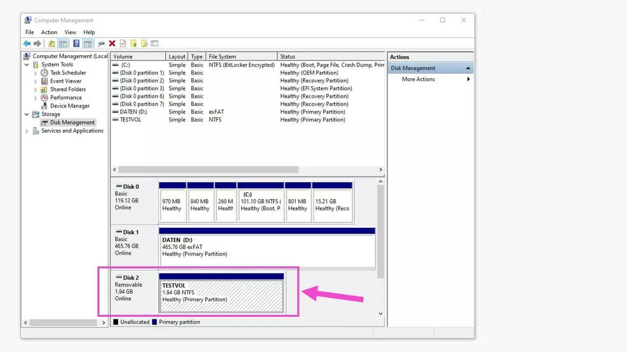 Gestion de l’ordinateur de Windows avec la Gestion des disques activée