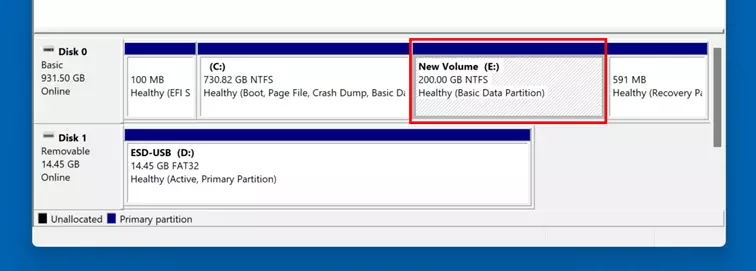 Gestionnaire de disques Windows 11 : partition nouvellement ajoutée