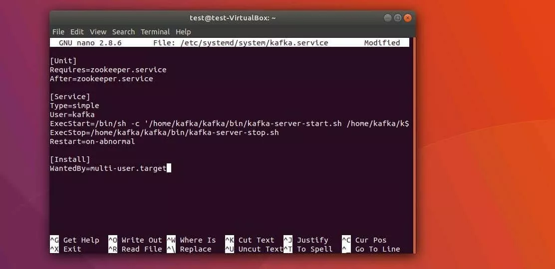 Terminal Ubuntu : le fichier kafka.service dans l’éditeur nano