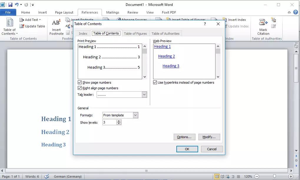 Microsoft Word 2016 : fenêtre de dialogue pour la configuration d’une table des matières personnalisée