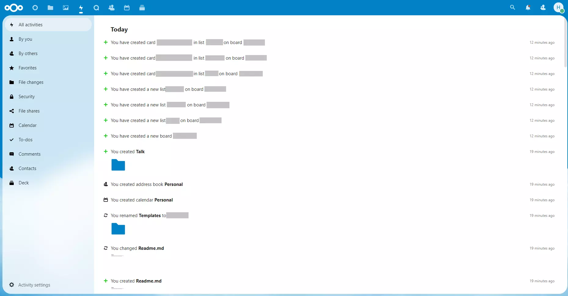 Client Nextcloud dans le navigateur avec l’onglet « Activités »