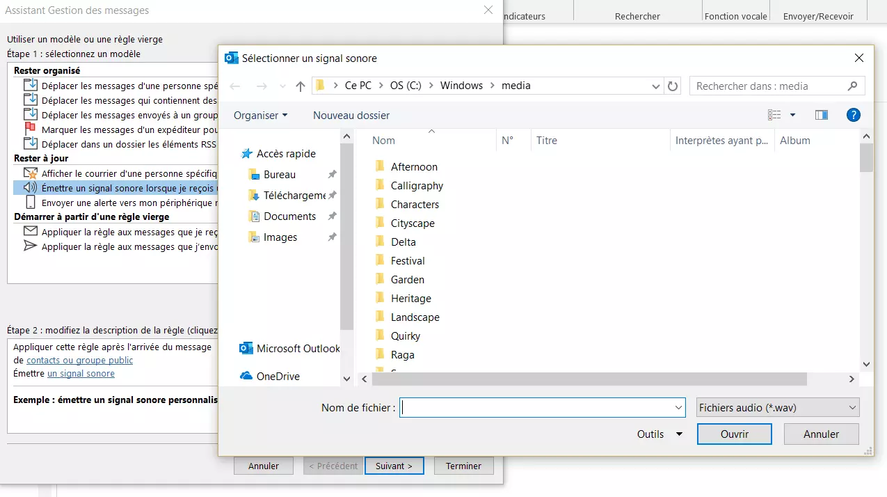 Assistant règles Outlook : sélection des fichiers audio