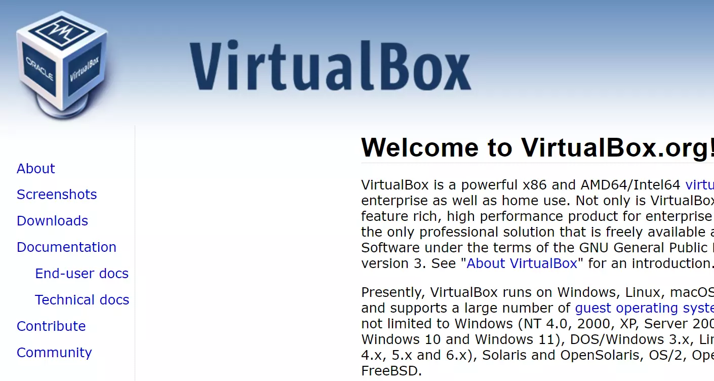 Capture d’écran du site Web de VirtualBox