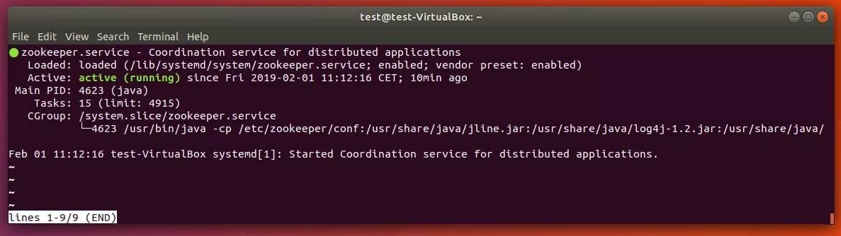 Terminal Ubuntu : message qui atteste que le service ZooKeeper a bien démarré