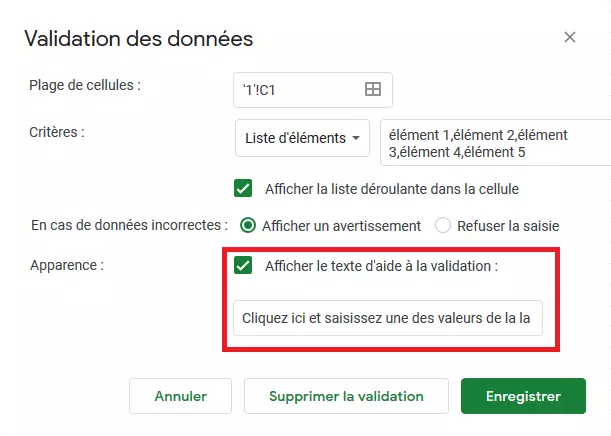 Validation des données avec affichage du texte d’aide