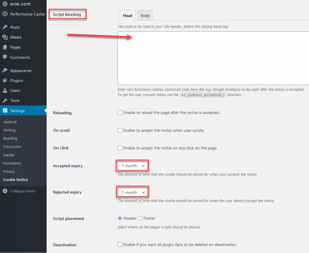 Cookie Notice : blocage de script