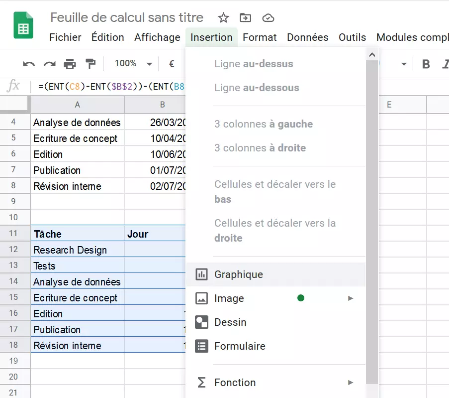 Menu Insertion de Google Sheets